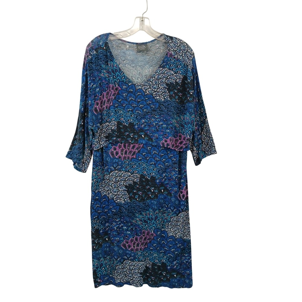 Milk Nursingwear Lg Soft Jersey Knit Peacock Paisley Nursing‎ Dress Stretch